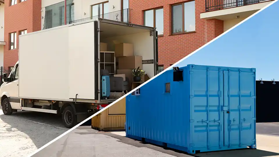 split view of a moving truck and a portable storage